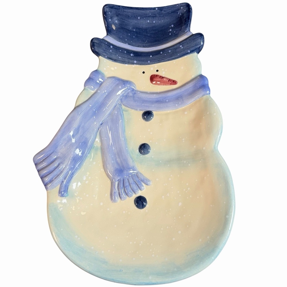 Blue‎ & White Snowman Ceramic Serving Tray Platter 12 1/2" x7" Christmas